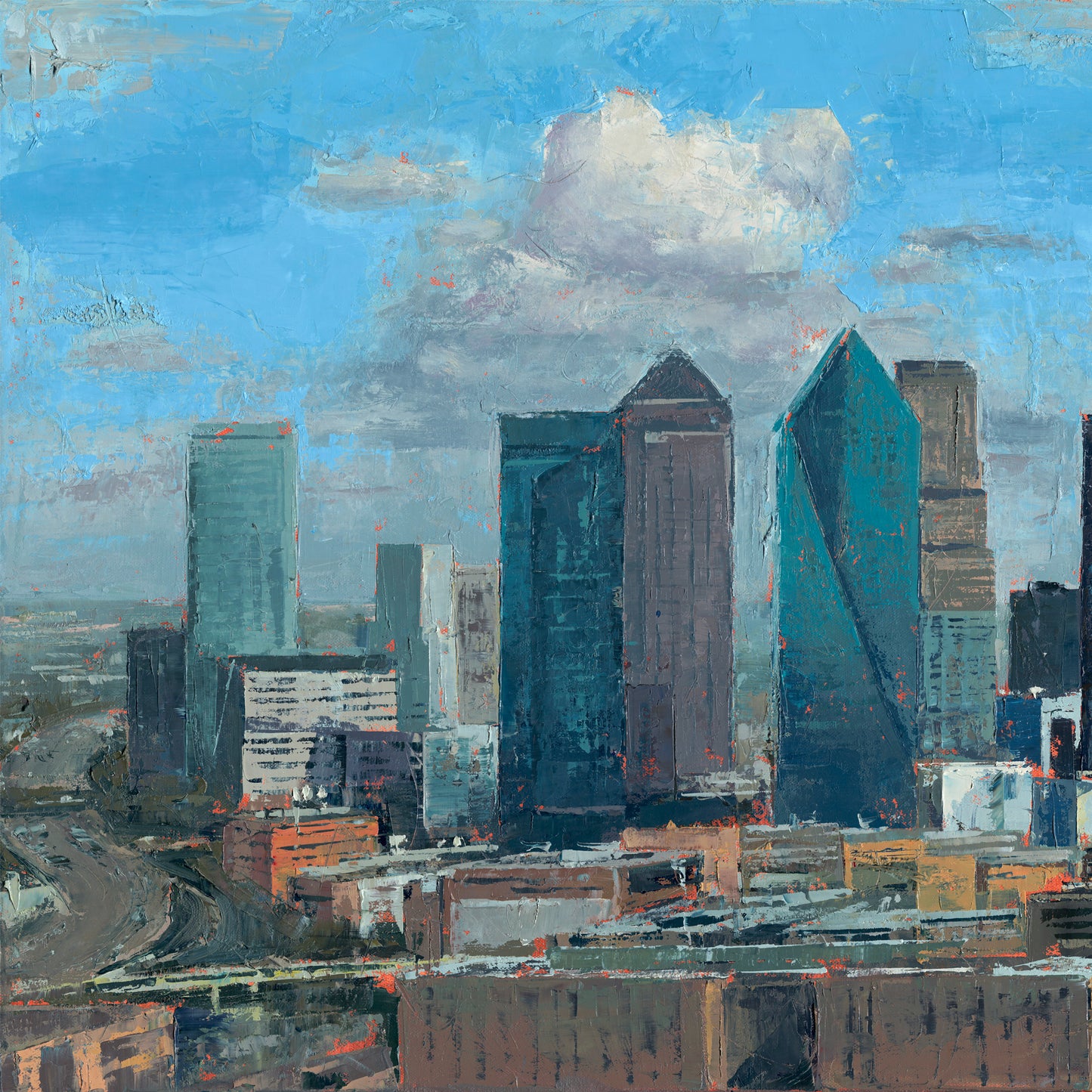 Cotton Clouds and Steel – 20x60 Original Oil Painting of Dallas Skyline