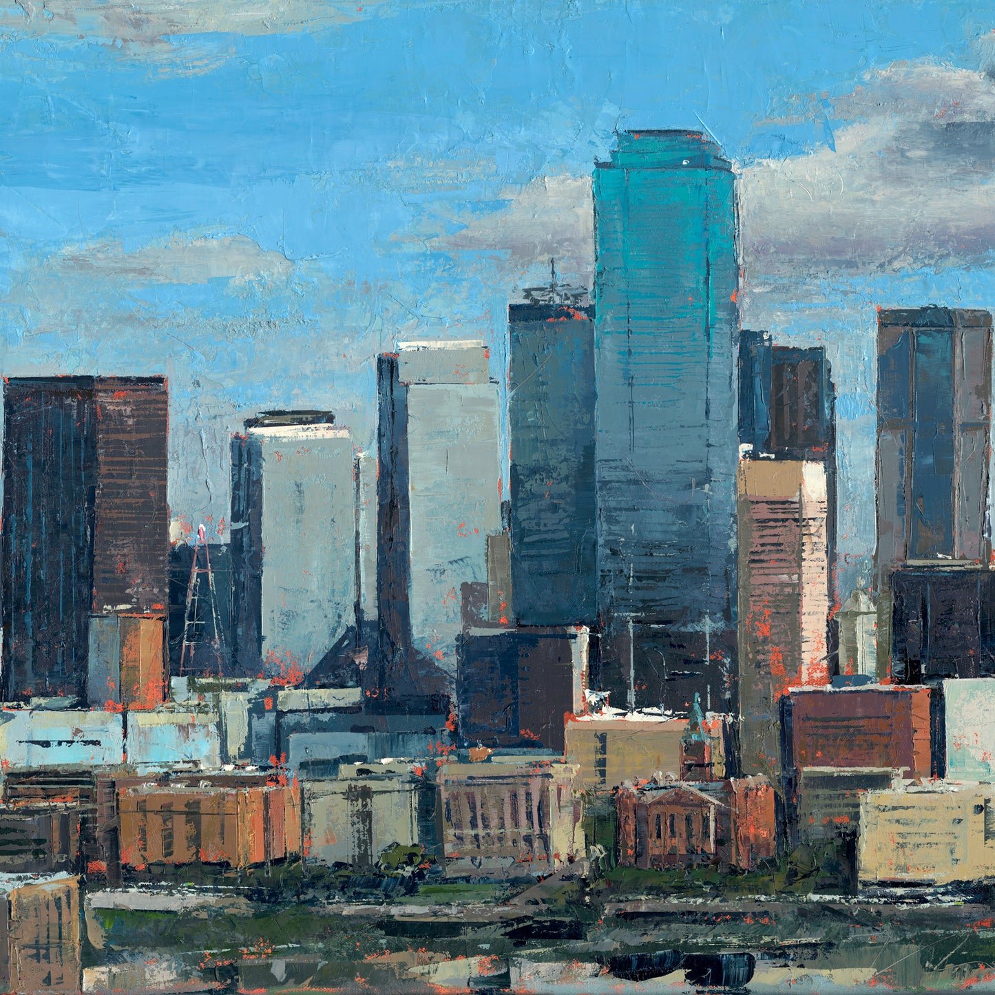 Cotton Clouds and Steel – 20x60 Original Oil Painting of Dallas Skyline