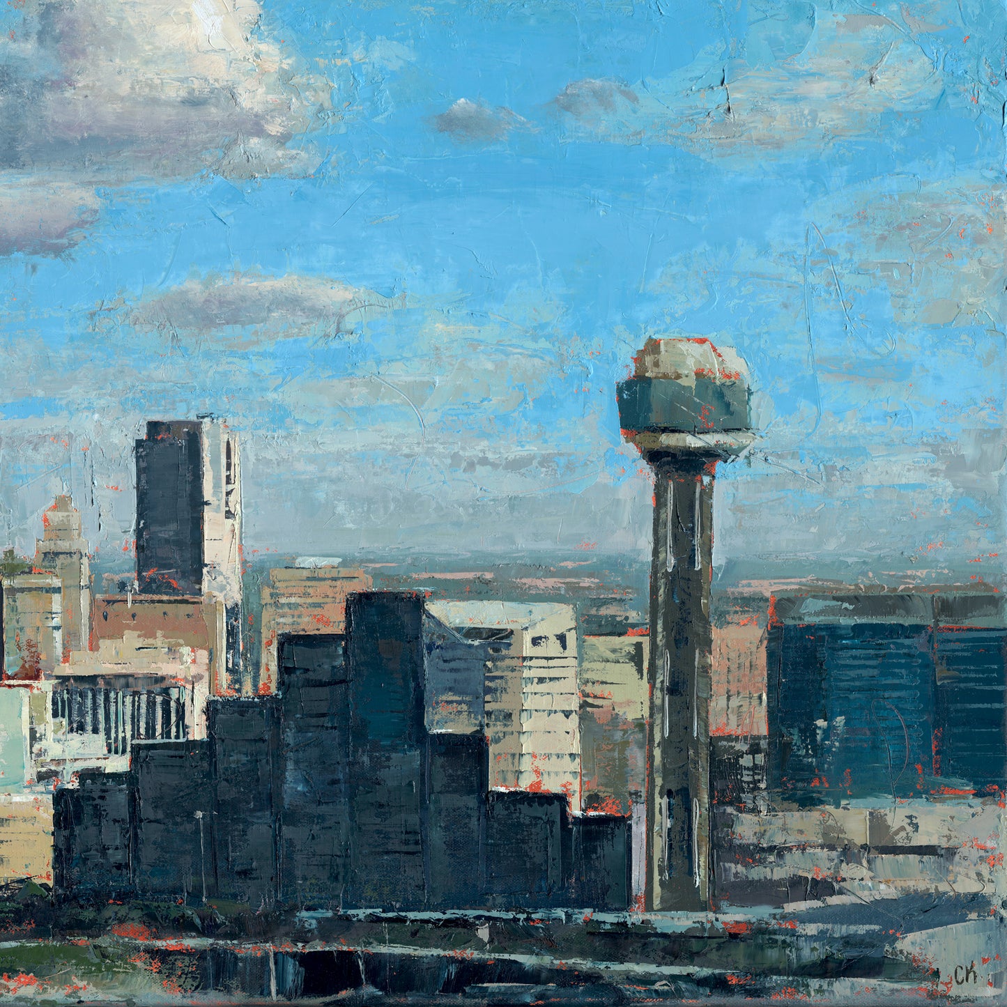 Cotton Clouds and Steel – 20x60 Original Oil Painting of Dallas Skyline