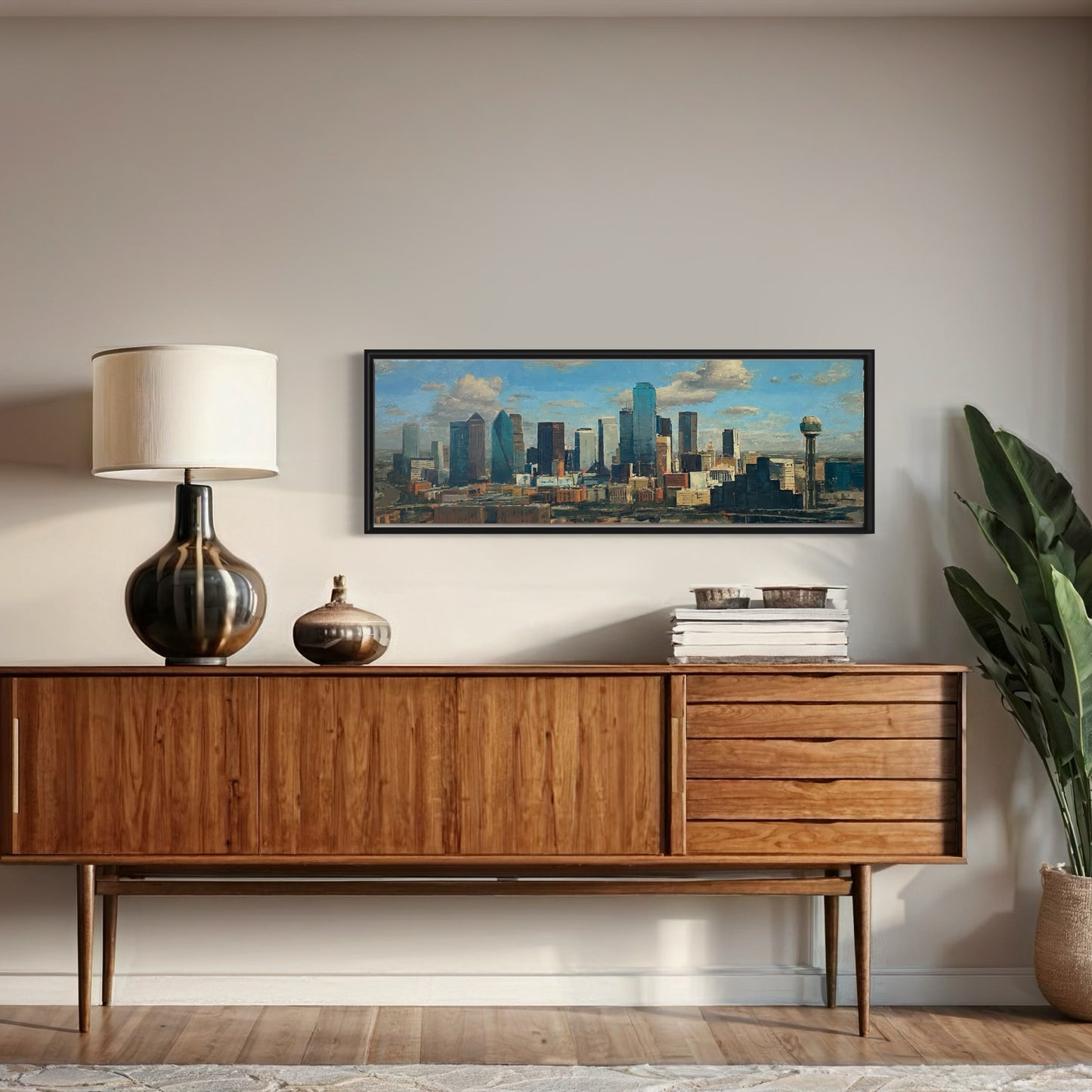 Cotton Clouds and Steel – 20x60 Original Oil Painting of Dallas Skyline