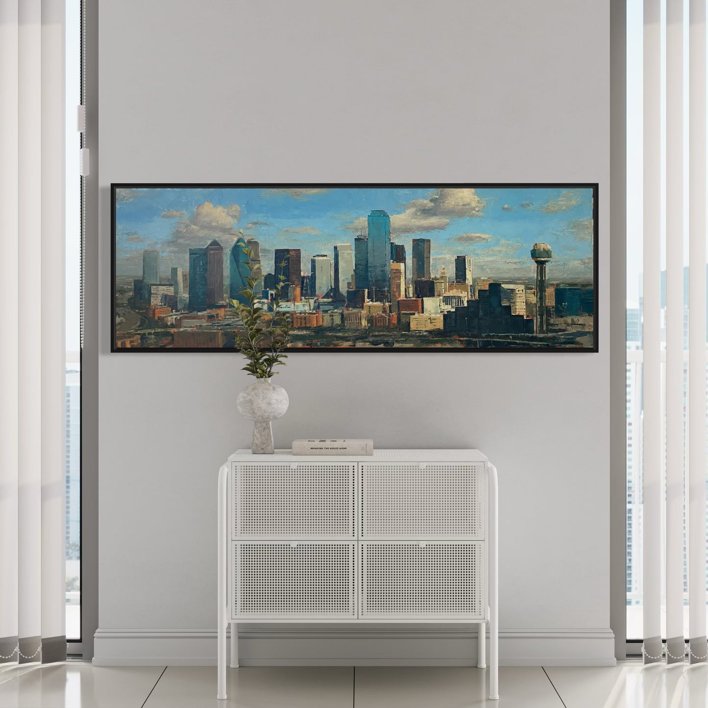 Cotton Clouds and Steel – 20x60 Original Oil Painting of Dallas Skyline