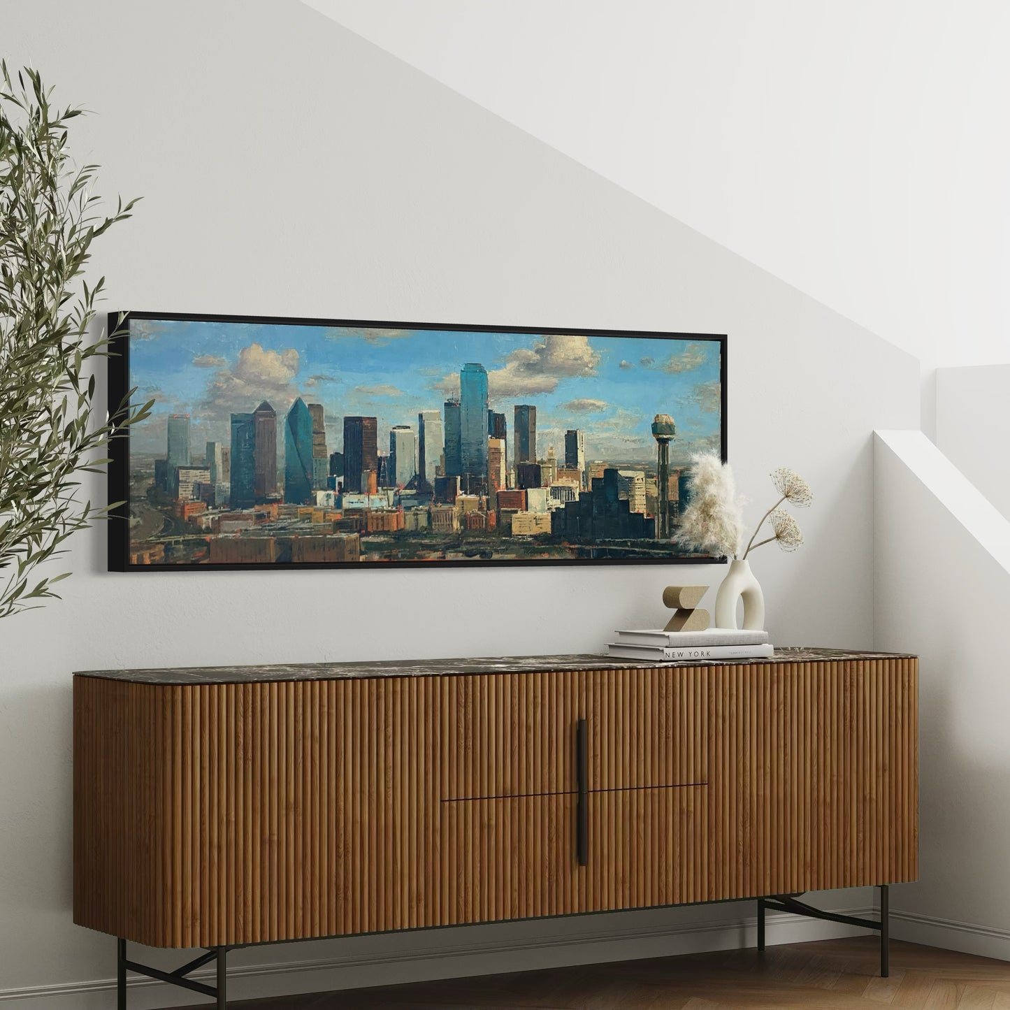 Cotton Clouds and Steel – 20x60 Original Oil Painting of Dallas Skyline