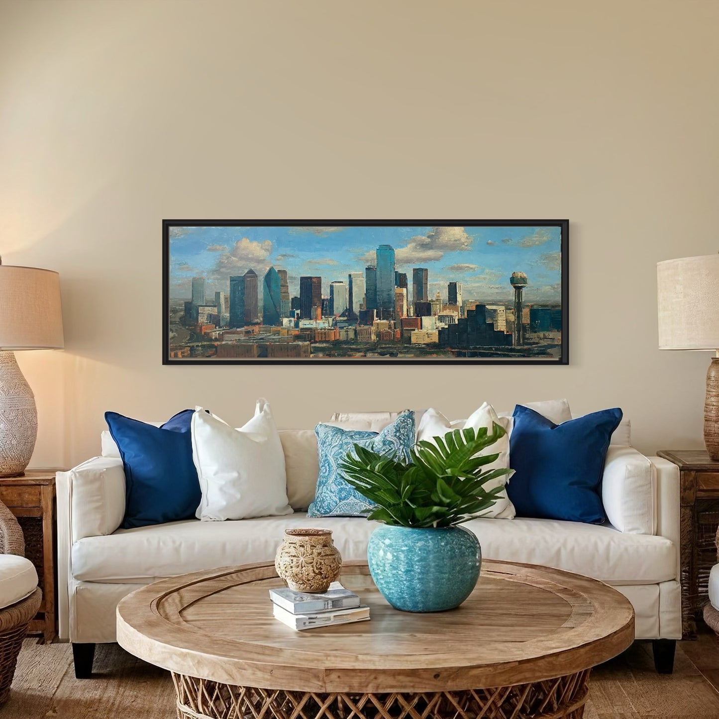Cotton Clouds and Steel – 20x60 Original Oil Painting of Dallas Skyline
