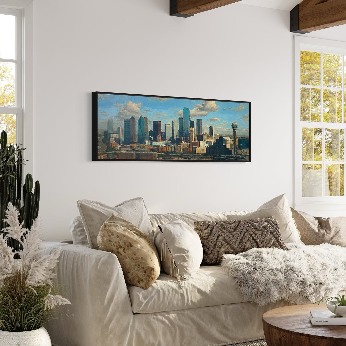 Cotton Clouds and Steel – 20x60 Original Oil Painting of Dallas Skyline