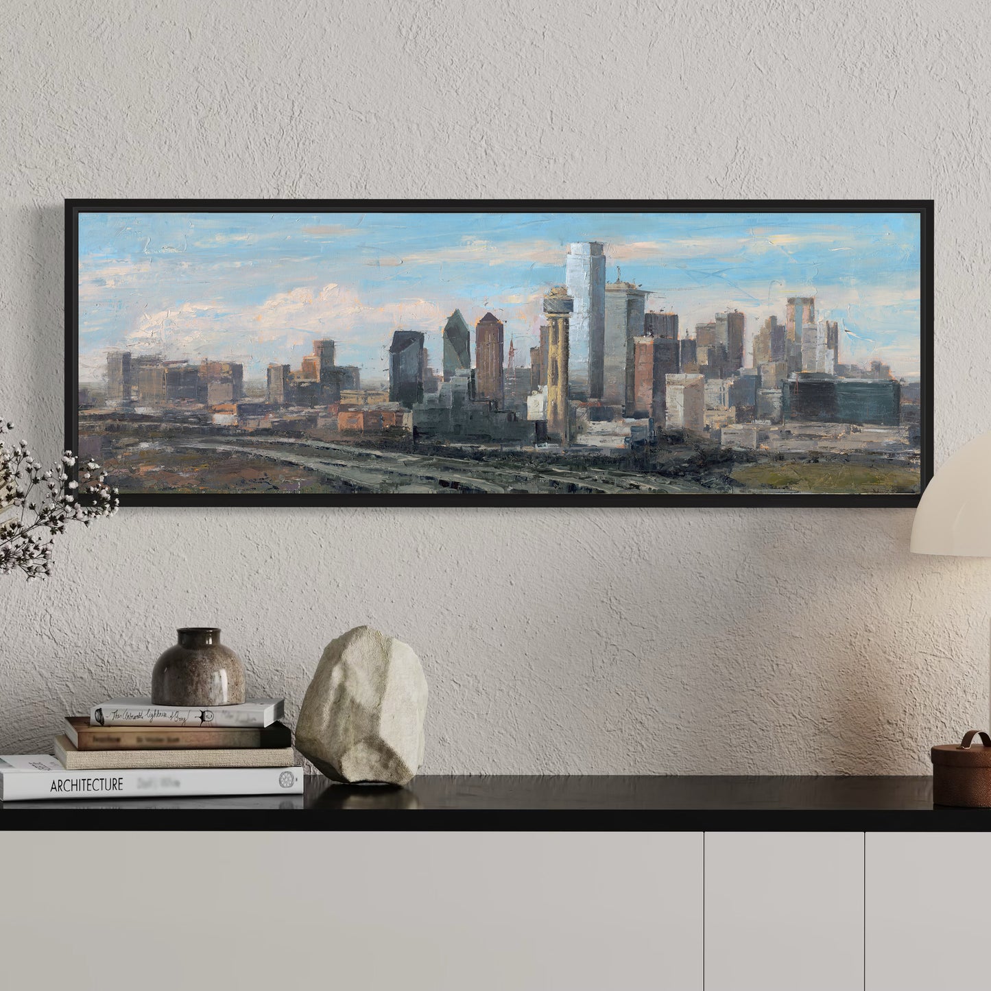 Height of Focus – Original 12x36 Oil Painting of the Dallas Skyline (Warm Earth Tones)