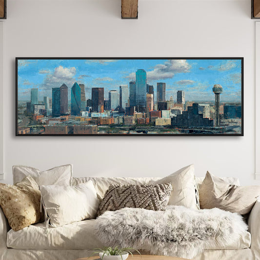 Cotton Clouds and Steel – 20x60 Original Oil Painting of Dallas Skyline