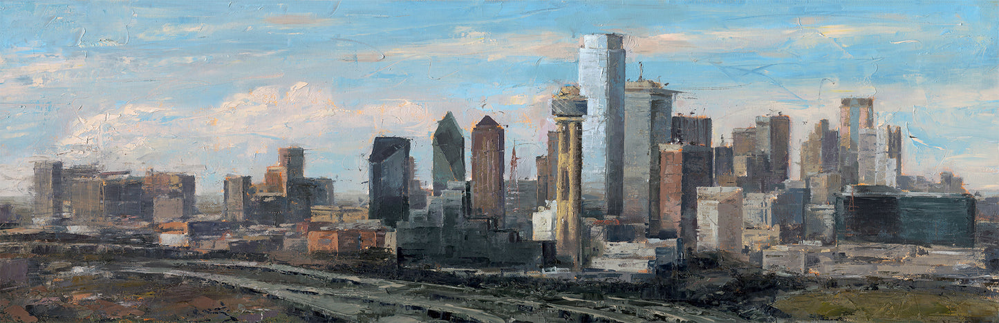 Height of Focus – Original 12x36 Oil Painting of the Dallas Skyline (Warm Earth Tones)