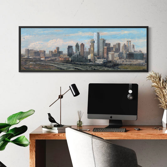 Height of Focus – Original 12x36 Oil Painting of the Dallas Skyline (Warm Earth Tones)